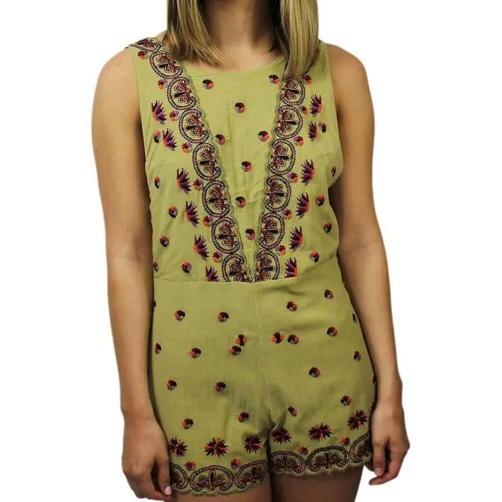 Free People Womens Green Sleeveless Margarita Embroidered Romper Jumpsuit Size 2